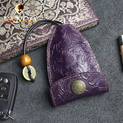 Handmade Leather Floral Mens Cool Car Key Wallet Coin Wallet Pouch Car KeyChain for Men