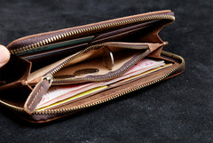 Genuine Leather Mens Cool Long Leather Wallet Zipper Clutch Wristlet Wallet for Men