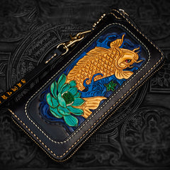 Handmade Leather Carp Mens Chain Biker Wallet Cool Leather Wallet Long Phone Wallets for Men