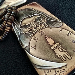 [On Sale]Handmade Leather Skull Death Tooled Mens Long Wallet Cool Leather Wallet Clutch Wallet for Men