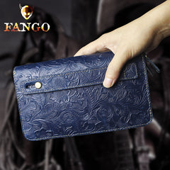 Handmade Leather Floral Tooled Mens Clutch Cool Slim Wallet Zipper Clutch Wristlet Wallet for Men
