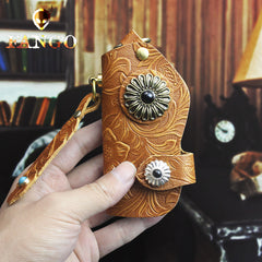 Handmade Leather Floral Mens Cool Car Key Wallet Coin Wallet Pouch Car KeyChain for Men