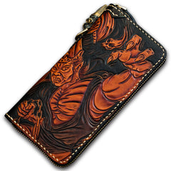 Handmade Leather Tooled Black and White Mens Chain Biker Wallet Cool Leather Wallet Long Phone Wallets for Men