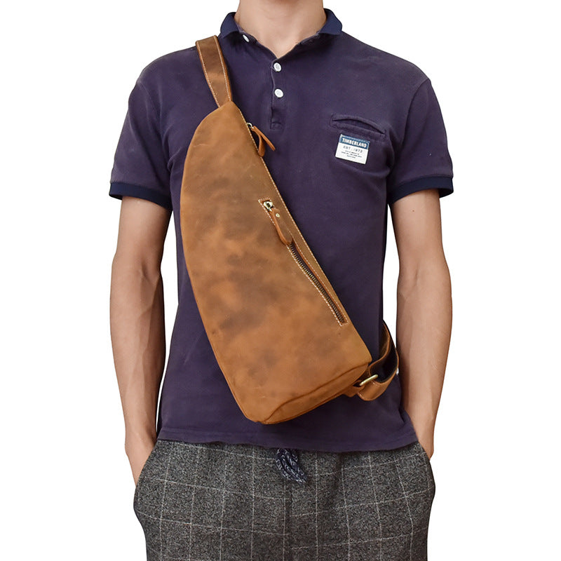 Handmade Leather Mens Cool Chest Bag Sling Bag Crossbody Bag Travel Bag Hiking Bag for men
