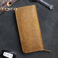 Handmade Leather Floral Mens Cool Travel Long Wallet Card Holder Card Slim Clutch Wallets for Men