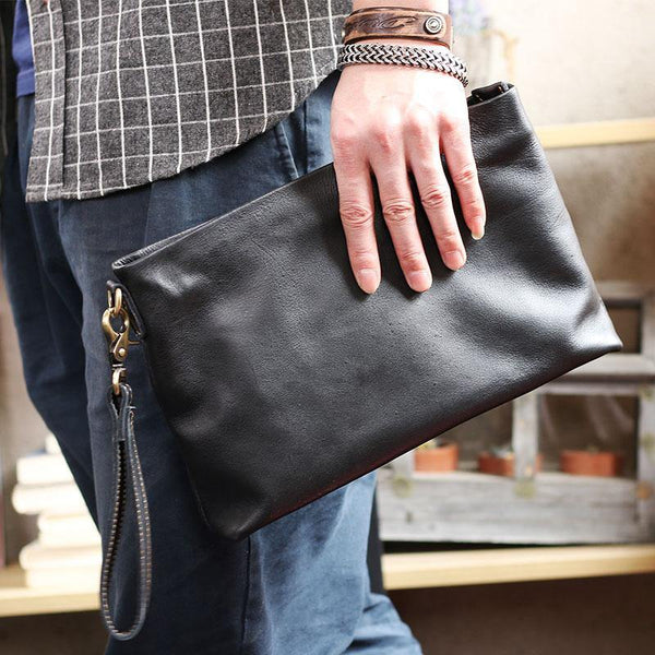 Vintage Black Soft Leather Mens Clutch Wallet Wristlet Bag Zipper Clutch Bag For Men - iwalletsmen