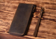 Handmade Leather Mens Cool Long Leather Wallet Zipper Clutch Wallet for Men
