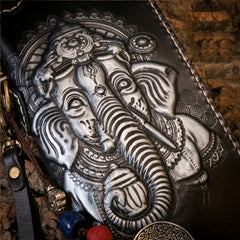 Handmade Leather Mens Chain Biker Wallet Cool Tooled Ganesha Wallet Long Phone Wallets for Men
