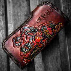 Handmade Leather Chinese Lion Mens Chain Biker Wallet Cool Leather Wallet With Chain Wallets for Men