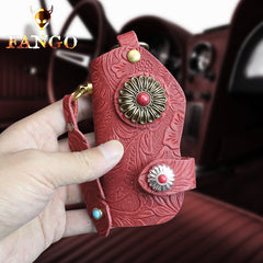 Handmade Leather Floral Mens Cool Car Key Wallet Coin Wallet Pouch Car KeyChain for Men