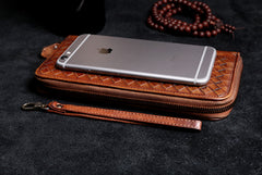 Handmade Leather Mens Cool Long Leather Wallet Card Wallet Clutch Wristlet Wallet for Men