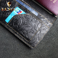 Handmade Leather Floral Mens Cool Travel Long Wallet Passport Card Holder Card Slim Wallets for Men