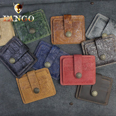 Handmade Leather Floral Mens Cool Front Pocket Wallet billfold Wallet Card Holder Small Card Slim Wallets for Men