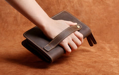 Genuine Leather Mens Cool Long Leather Wallet Zipper Clutch Wristlet Wallet for Men