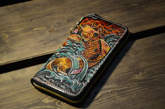 Handmade Leather Carp Mens Chain Biker Wallet Cool Leather Wallet Long Phone Wallets for Men