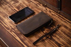 Handmade Leather Mens Cool Long Leather Wallet Zipper Clutch Wallet for Men