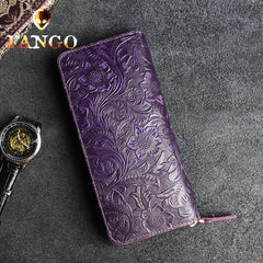 Handmade Leather Floral Mens Cool Travel Long Wallet Card Holder Card Slim Clutch Wallets for Men