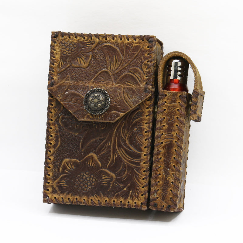 Cool Handmade Leather Mens Engraved Floral Cigarette Holder Case with Lighter holder for Men - iwalletsmen