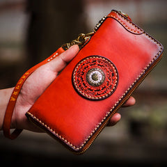 Handmade Leather Mens Tibetan Chain Biker Wallet Cool Leather Wallet Long Clutch Wallets for Men