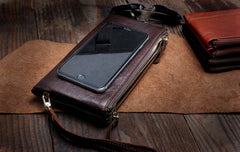 Handmade Leather Mens Cool Long Leather Wallet Slim Zipper Clutch Wristlet Wallet for Men