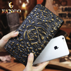 Handmade Leather Mens Tooled Skull Death Cool Zipper Phone Travel Long Wallet Card Holder Card Slim Clutch Wallets for Men