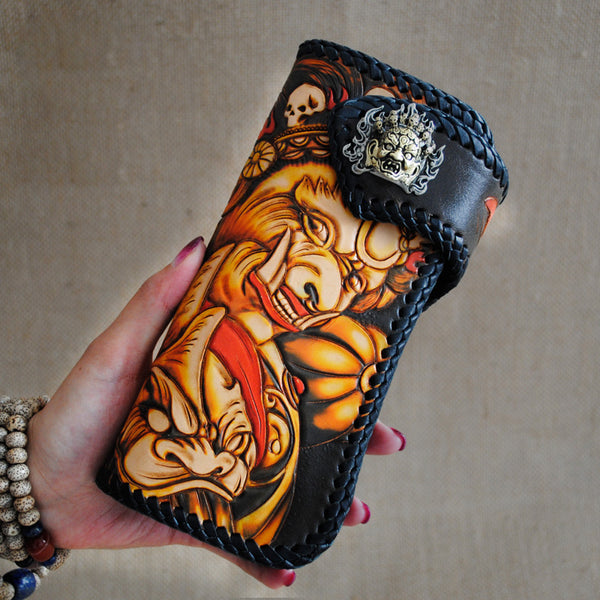 Handmade Mens Tooled God Mahakala Leather Chain Wallet Biker Trucker Wallet with Chain - iwalletsmen