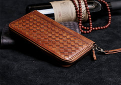 Handmade Leather Mens Cool Long Leather Wallet Card Wallet Clutch Wristlet Wallet for Men