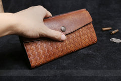 Handmade Leather Mens Cool Long Leather Wallet Card Wallet Clutch Wristlet Wallet for Men
