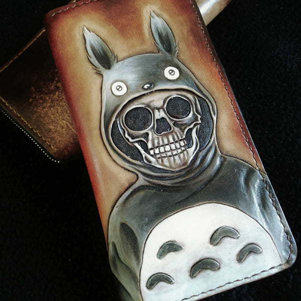 Handmade Leather Skull Totoro Tooled Mens Long Wallet Cool Leather Wallet Clutch Wallet for Men
