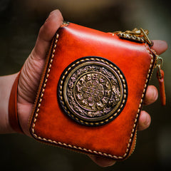 Handmade Leather Small Tibetan Tooled Mens billfold Wallet Cool Chain Wallet Biker Wallet for Men