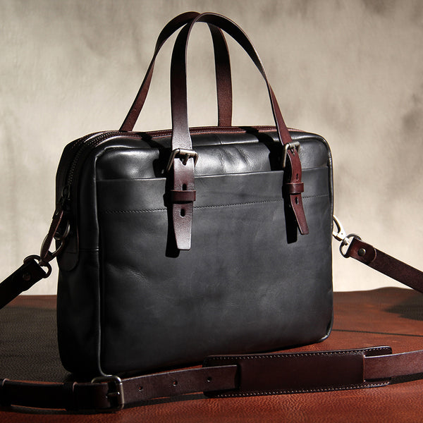 Genuine Leather Mens Vintage Black Briefcase Shoulder Bag Work Bag Laptop Bag Business Bag for Men