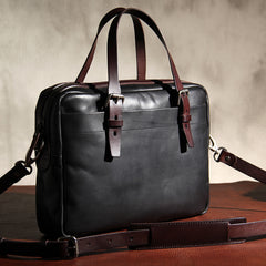 Genuine Leather Mens Vintage Black Briefcase Shoulder Bag Work Bag Laptop Bag Business Bag for Men