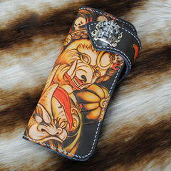 Handmade Mens Tooled God Mahakala Leather Chain Wallet Biker Trucker Wallet with Chain - iwalletsmen
