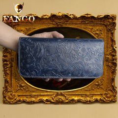 Handmade Leather Floral Mens Cool Travel Long Wallet Card Holder Card Slim Clutch Wallets for Men