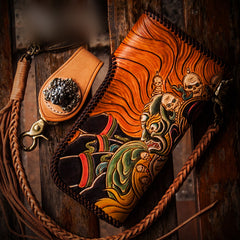 Handmade Leather Tooled Mahākāla Mens Chain Biker Wallet Cool Leather Wallet Long Clutch Wallets for Men