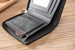 Handmade Leather Mens Cool Slim Leather Zipper Wallet Men Small Wallets Bifold for Men