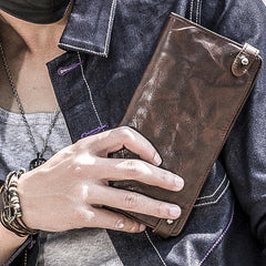 Genuine Leather Mens Cool Long Leather Wallet Bifold Clutch Wallet for Men