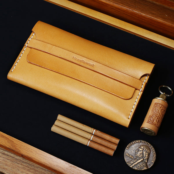 Cool Wooden Slim Leather Mens 20pcs Cigarette Case Custom Beige Cigarette Holder for Men - iwalletsmen