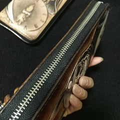 Handmade Leather Skull Totoro Tooled Mens Long Wallet Cool Leather Wallet Clutch Wallet for Men
