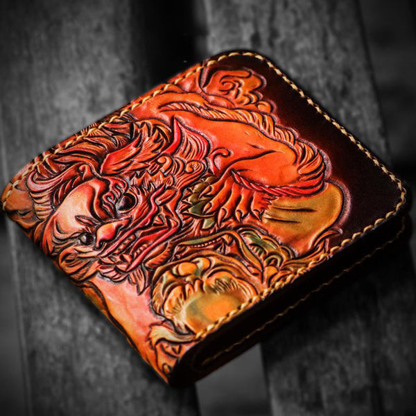 Handmade Leather Chinese Lion Tooled Mens billfold Wallet Cool Leather Wallet Slim Wallet for Men