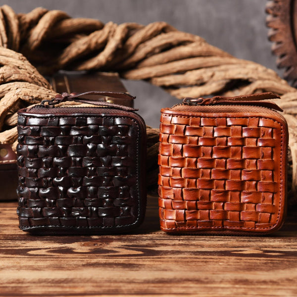 Handmade Leather Mens Cool Wallet Men Braided Wallets Zipper Wallet for Men - iwalletsmen