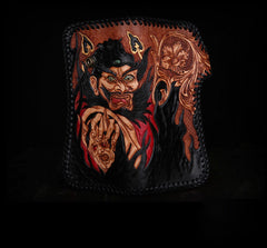 Handmade Mens Cool Tooled Zhong Kui demon Leather Chain Wallet Biker Trucker Wallet with Chain