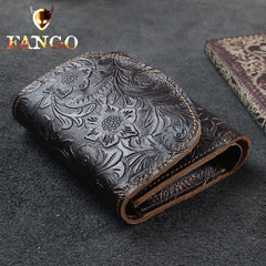 Handmade Leather Floral Mens Trifold Cool billfold Wallet Card Holder Small Card Slim Wallets for Men