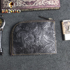 Handmade Leather Floral Mens Front Pocket Wallet Cool Slim Leather Wallet Men billfold Wallets Bifold for Men