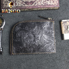 Handmade Leather Floral Mens Front Pocket Wallet Cool Slim Leather Wallet Men billfold Wallets Bifold for Men