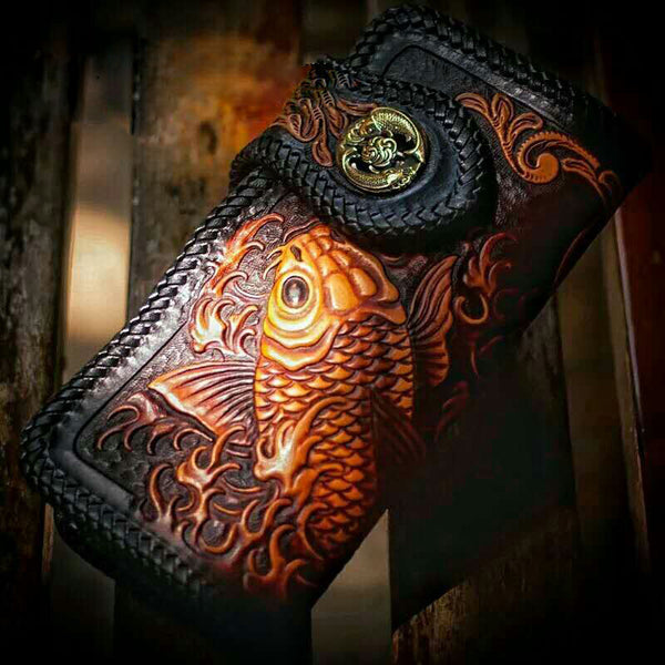 Handmade Leather Carp Mens Chain Biker Wallet Cool Leather Wallet With Chain Wallets for Men