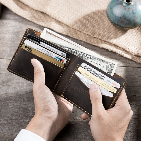 Handmade Leather Mens Cool Slim Leather Wallet Men Small Wallets Bifold for Men