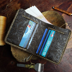 Handmade Leather Floral Mens Cool Slim Leather Wallet Men billfold Wallets Bifold for Men