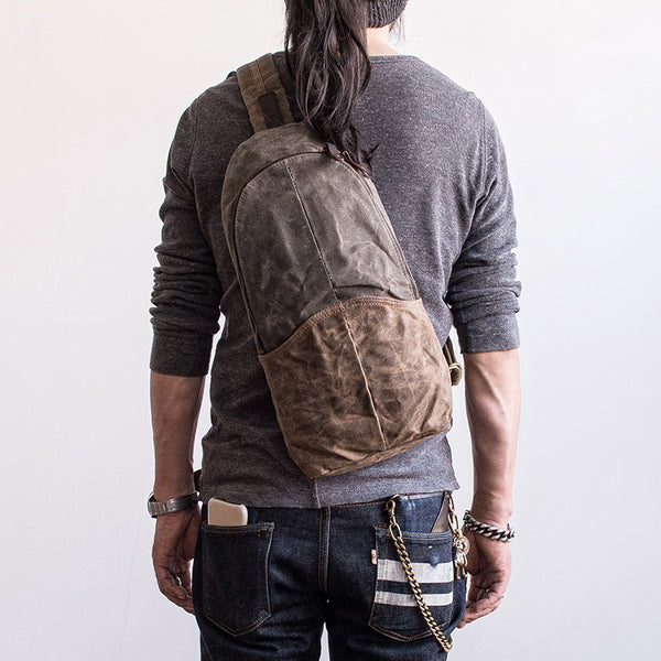 Canvas Leather Mens Cool Chest Bag Sling Bag Crossbody Bag Travel Bag Hiking Bag for men - iwalletsmen