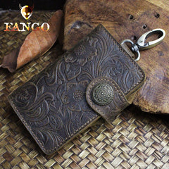 Handmade Leather Floral Mens Cool Key Wallet Wallet Card Holder Small Card Keychain Wallets for Men